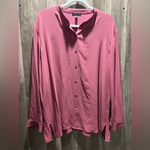 Eileen Fisher Silk Rose Button Long Sleeve Shirt Women’s Large Georgette Crepe - Picture 2 of 4